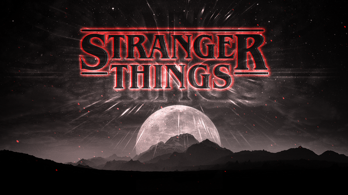 Stranger Things Logo with Moon and Mountains