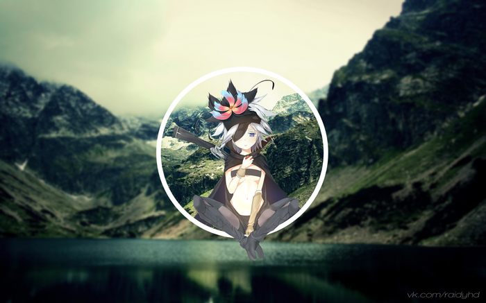Anime girl with black cloak and hat in circle over mountains and lake