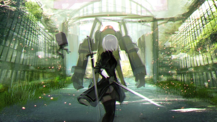 2B from NieR: Automata with a large robot