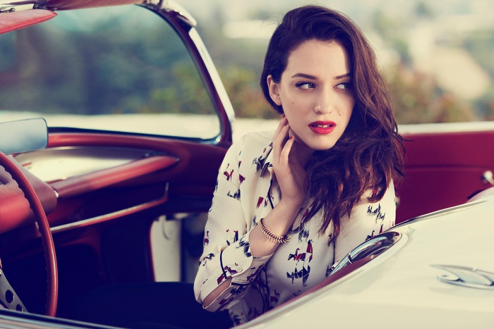 Kat Dennings in a vintage car