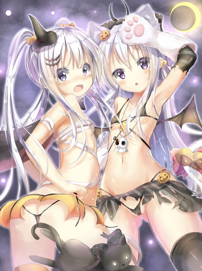 torn clothes, bikini, bandage, thong, cameltoe, Halloween, two piece swimsuit, cat, panty pull, ass, thigh-highs