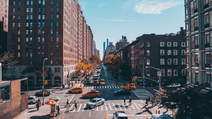 New York City street with traffic and pedestrians