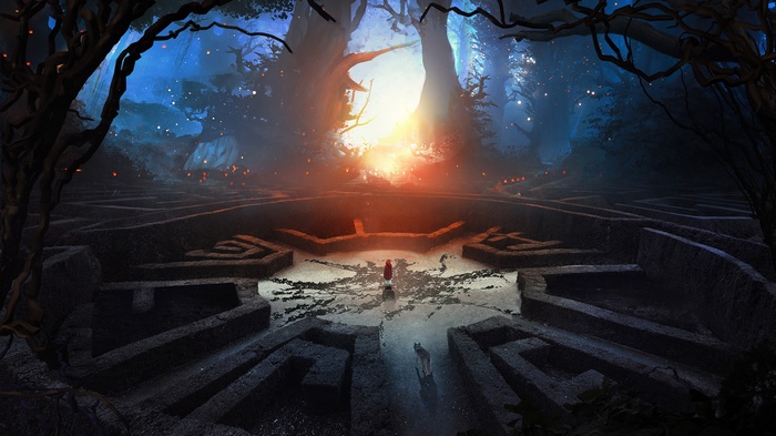 Little Red Riding Hood and wolf in a fantasy forest labyrinth
