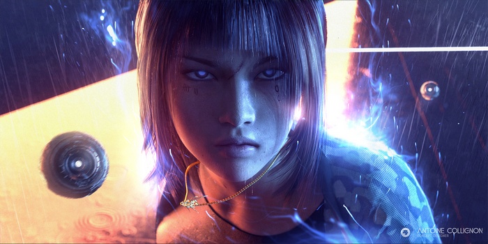 Woman with glowing blue eyes in futuristic rain