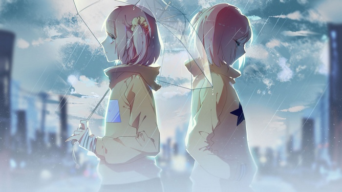 Two anime girls with pink hair under an umbrella in the rain