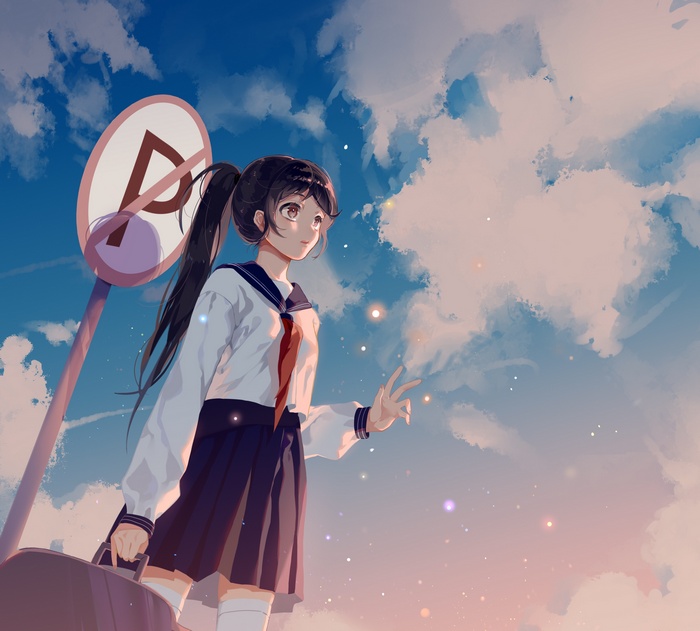 Anime girl in school uniform with suitcase under cloudy sky