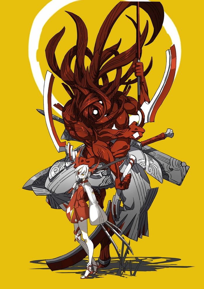 Anime girl with large red demon and weapons