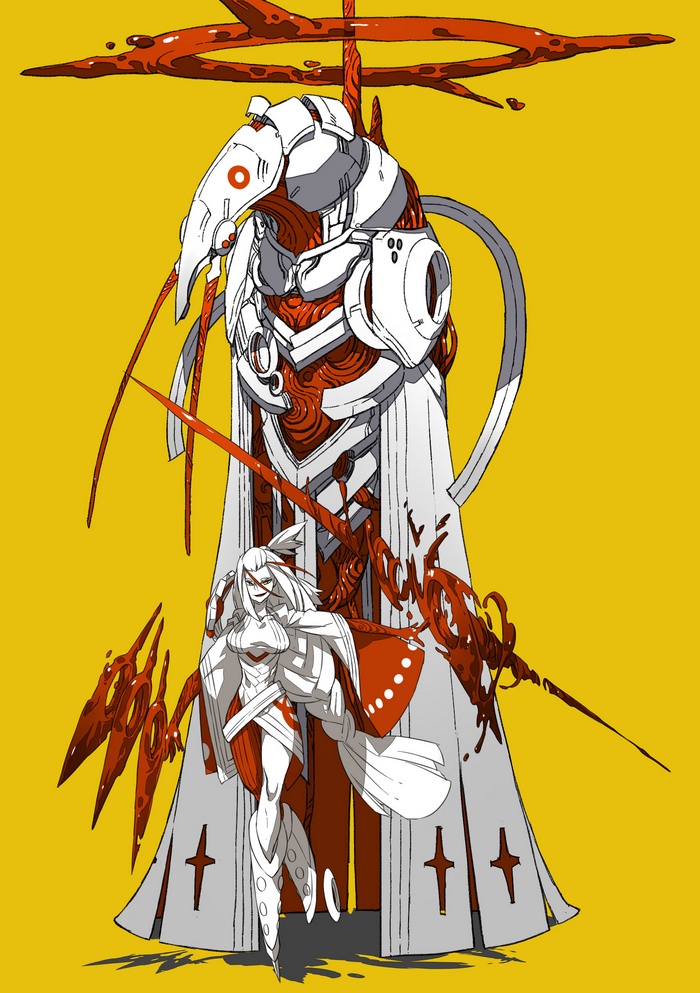 Anime characters with red and white armor