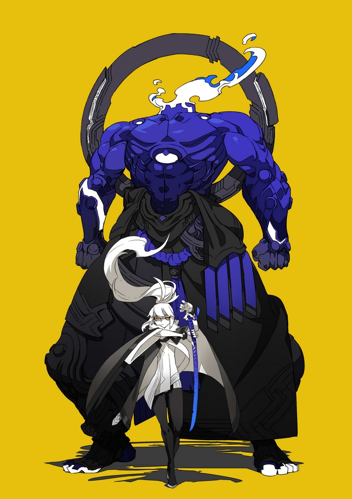 Anime characters with a giant blue demon and a small girl