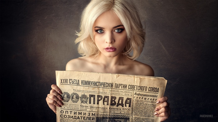 Kristina Mamatyukova, blonde, face, Anton Parshunas, USSR, simple background, newspapers, portrait, women