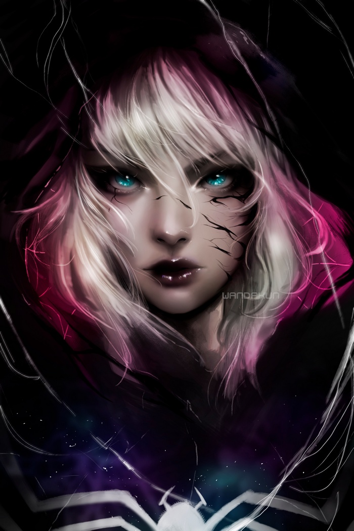 Venom, digital art, Marvel Comics, Spider-Man, Spider Gwen, fan art, blonde, portrait display, blue eyes, Spider-Gwen