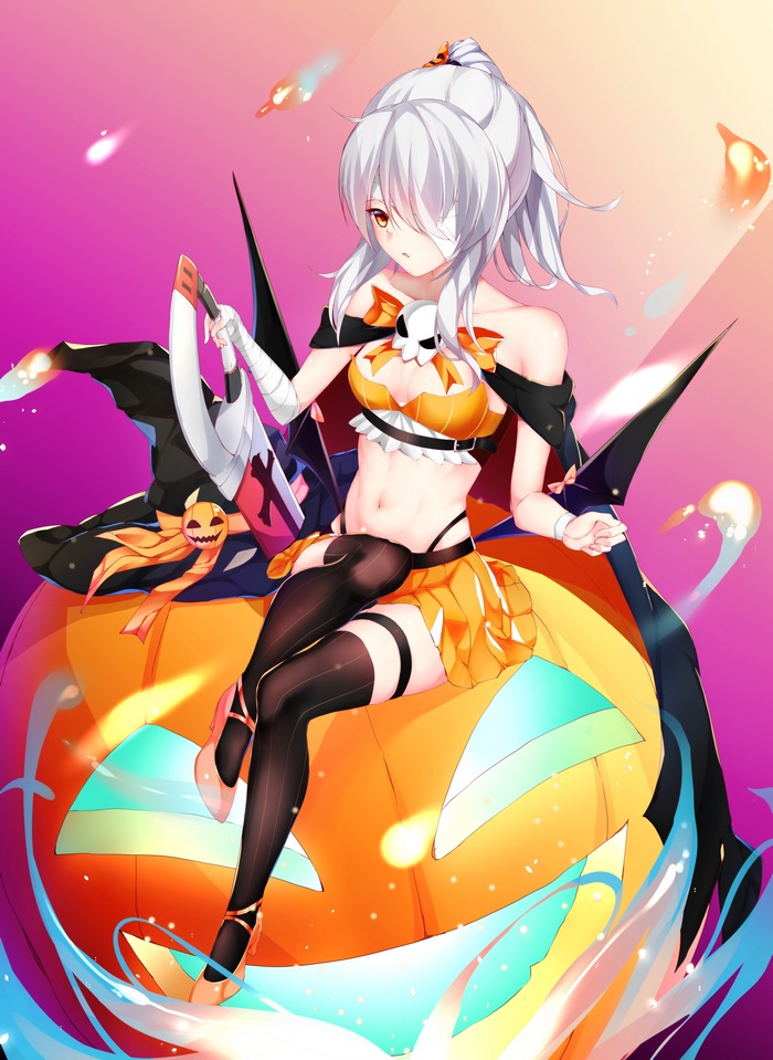 sword, Halloween, cleavage, Bilan Hangxian, wings, pumpkin, thigh-highs, heels