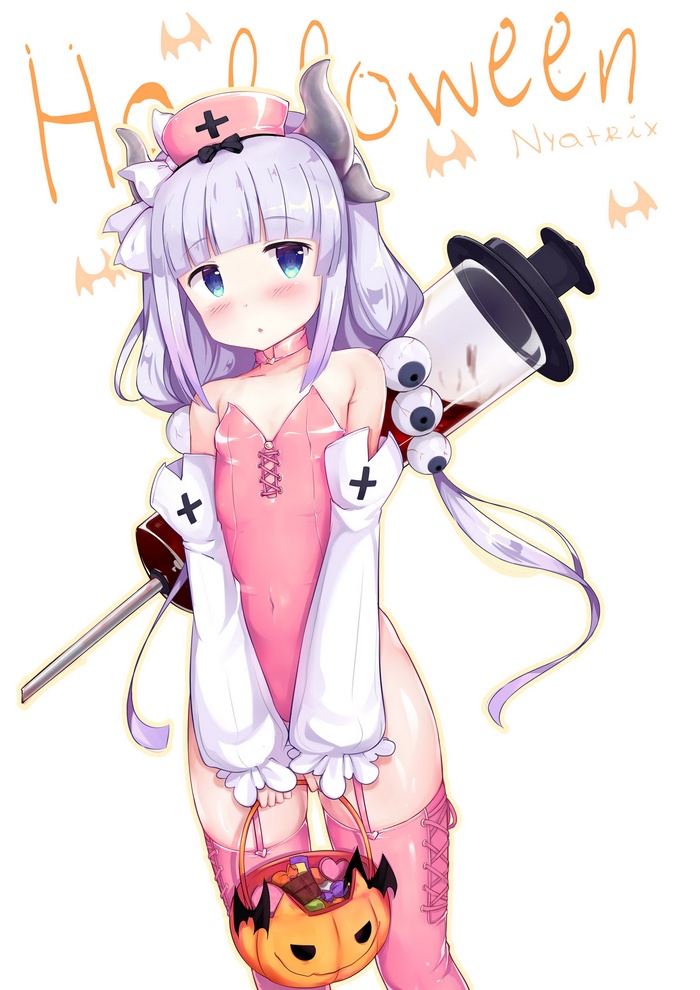 loli, thigh-highs, stockings, Halloween, white  background, Kobayashi-san Chi no Maid Dragon, leotard, Kanna Kamui (Kobayashi-san Chi no Maid Dragon), horns, pumpkin