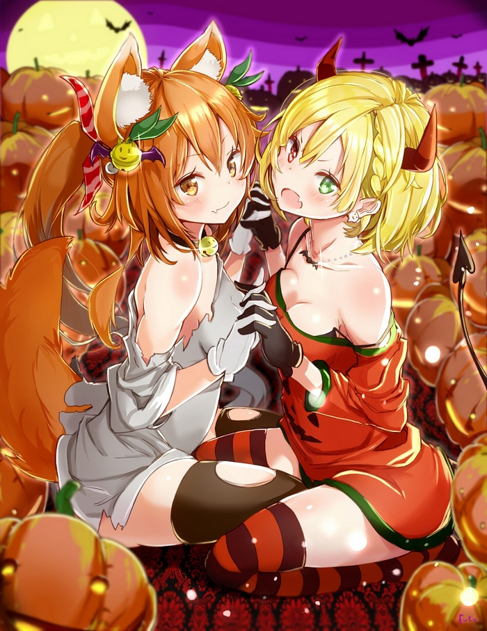 Anime girls in Halloween costumes with pumpkins