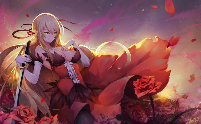 Oshino Shinobu from Monogatari Series with sword and roses