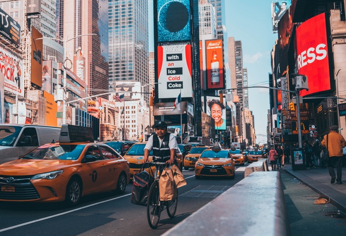 Times Square with Taxis and Cyclist