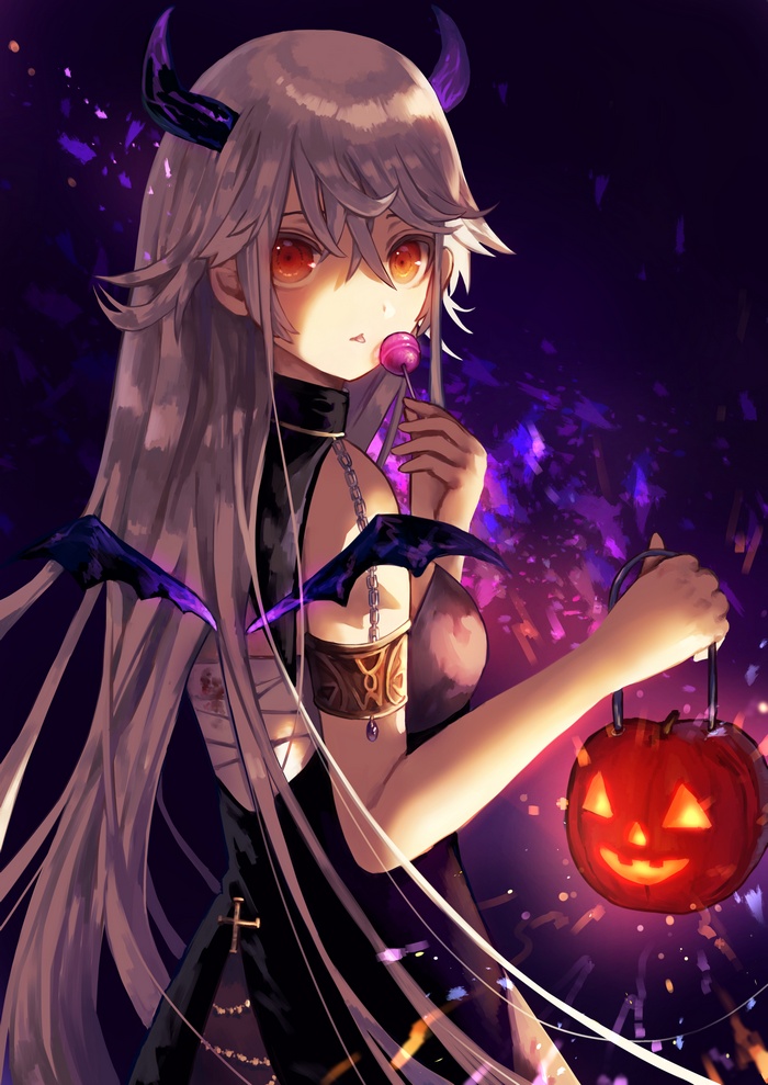 Anime girl with horns and wings holding a pumpkin