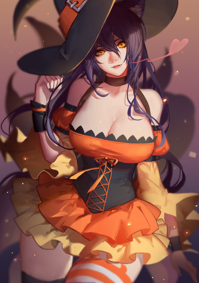 boobs, anime, Halloween, witch hat, cleavage, dress, hat, thighs, Ahri, thigh-highs, witch, League of Legends, simple background