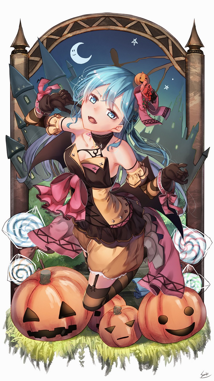 Girl in Halloween costume with pumpkins and lollipops
