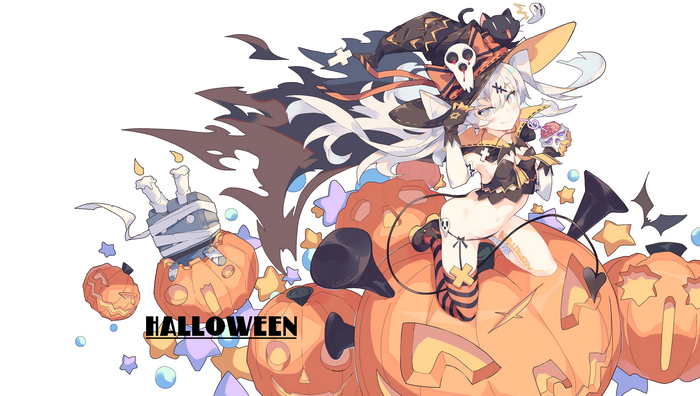Halloween Witch with Cat and Pumpkins