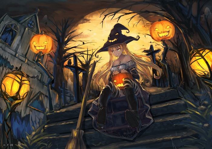 stairs, hat, bats, panties, thigh-highs, animals, witch, necklace, twintails, trees, witch hat, boots, underwear, Halloween, long hair