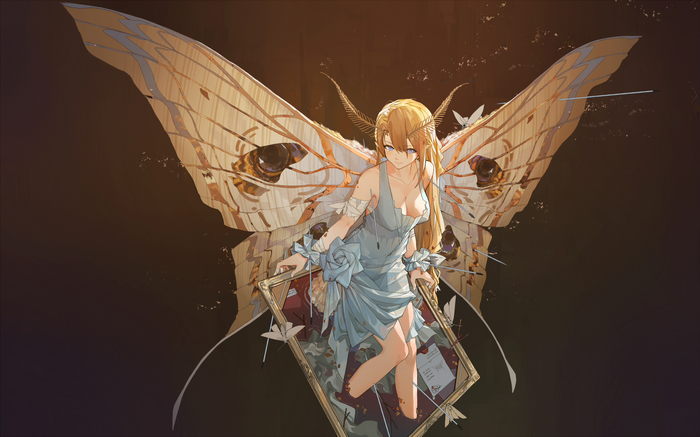 Anime girl with moth wings holding a frame