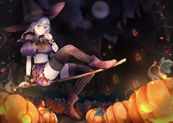 Anime Witch Girl on Broomstick with Pumpkins