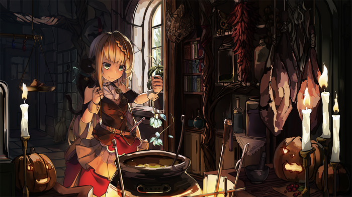 Anime girl with cat brewing potion on Halloween