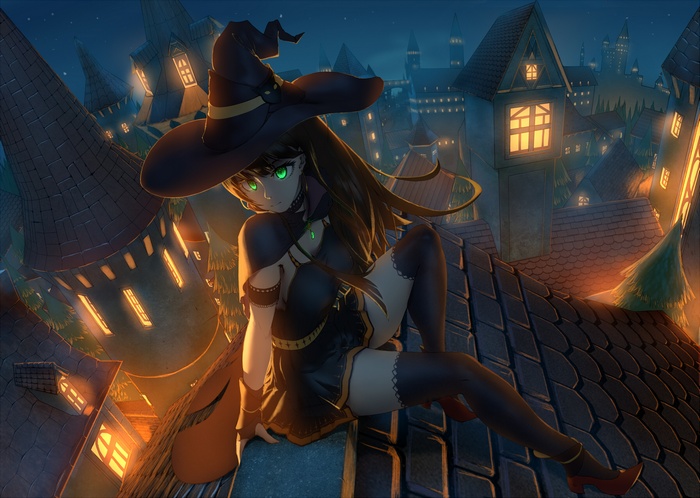 thigh-highs, night, gloves, green eyes, Halloween, building, THE iDOLM@STER, long hair, witch, cape, witch hat, hat, brunette