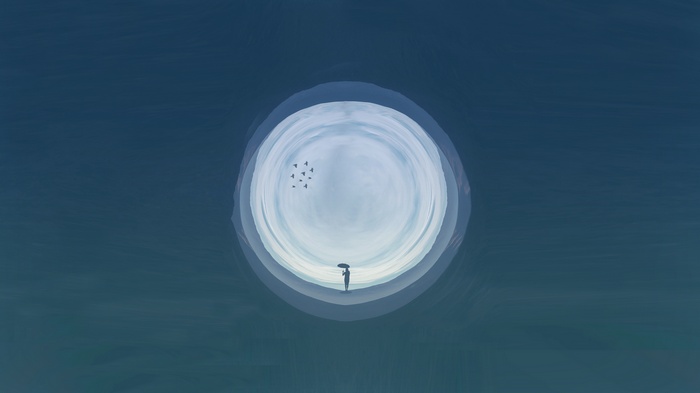 Silhouette of a person with an umbrella in a circular portal