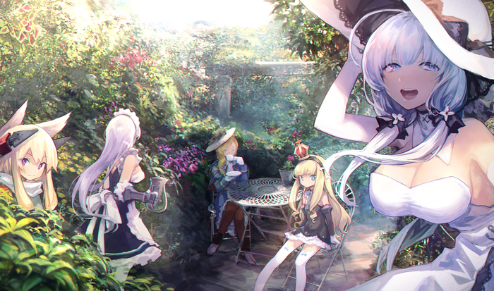 Azur Lane characters in a garden tea party