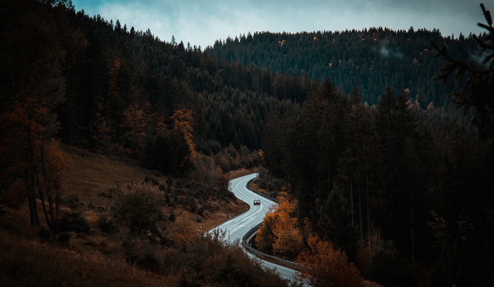 Winding mountain road through a forest