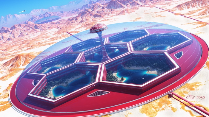 Futuristic domed city on a desert planet