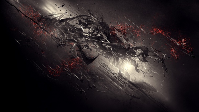 Dark abstract 3D digital art with red accents