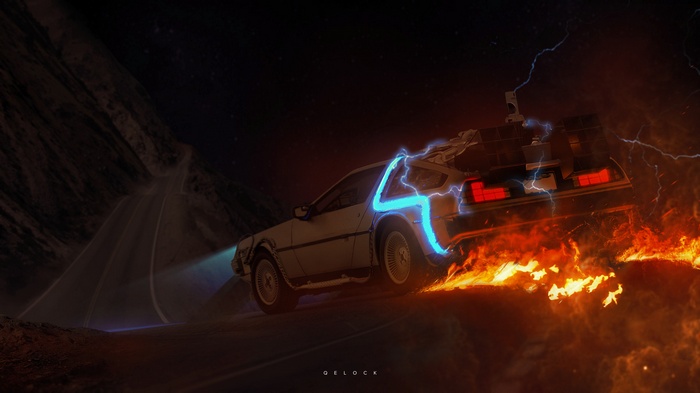 DeLorean time machine on fire with lightning