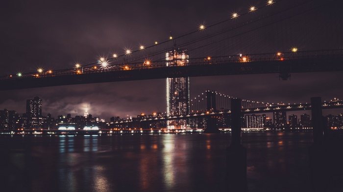 New York City bridges and skyline at night