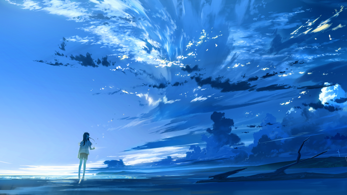 Anime girl standing on a beach under a dramatic sky