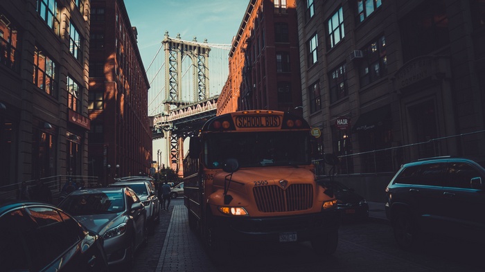 School bus and Manhattan Bridge in DUMBO, New York City