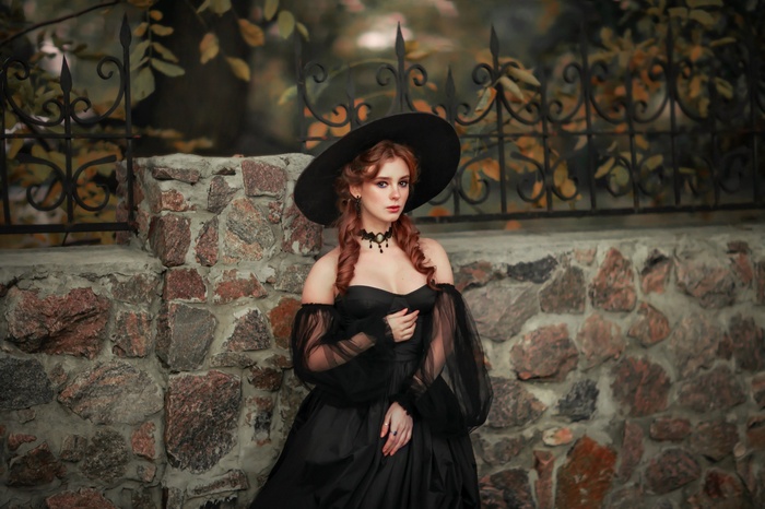 hat, wall, dress, Olga Boyko, women, women outdoors, redhead, black hat
