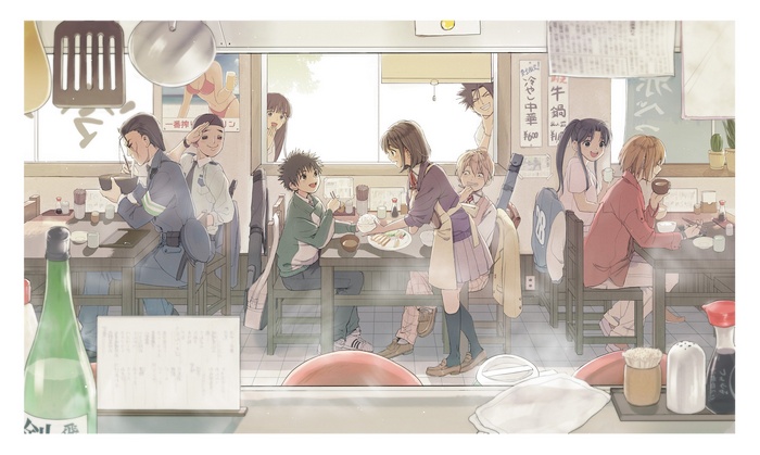 Anime characters eating at a restaurant