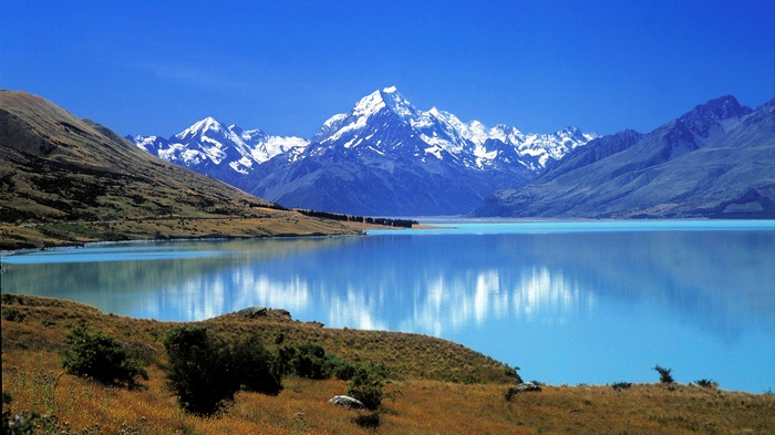 Snow-capped mountains reflected in a turquoise lake