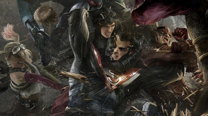Superman, Catwoman, Flash, and Harley Quinn fighting in Injustice 2