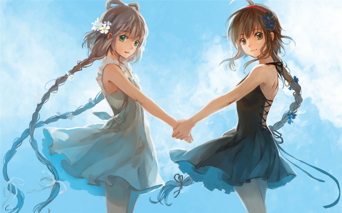 Two anime girls holding hands against a blue sky
