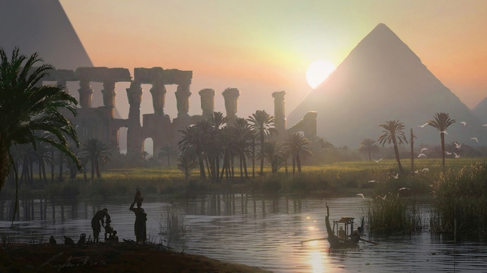 Assassin's Creed: Origins digital art of Egyptian pyramids and ruins