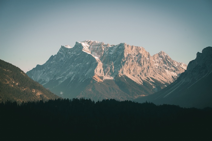 Snow-capped mountains behind a dark forest