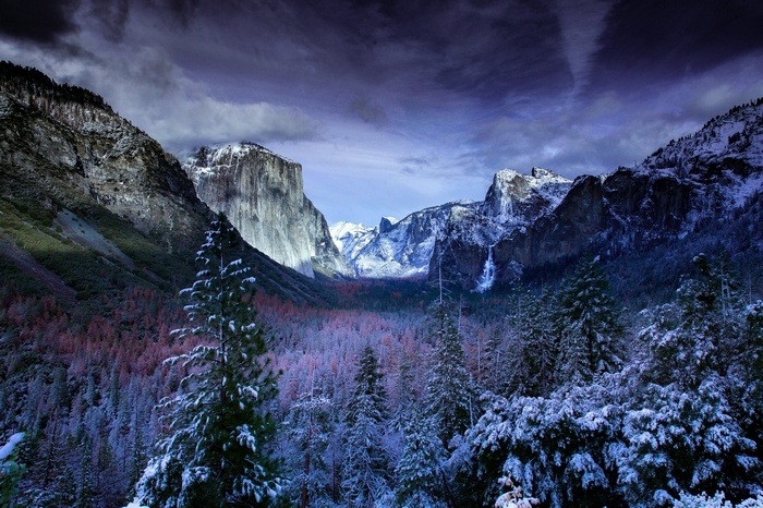 Winter scene in Yosemite Valley with El Capitan and Bridalveil Fall