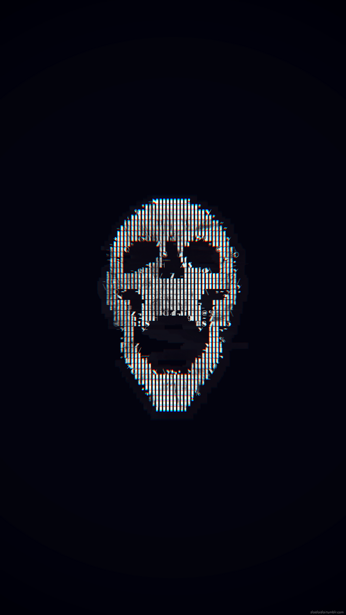 Glitch art skull made of ASCII characters