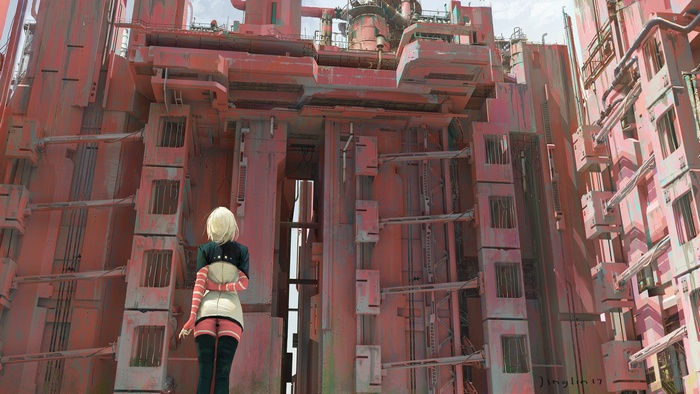 2B from NieR: Automata in a red industrial complex