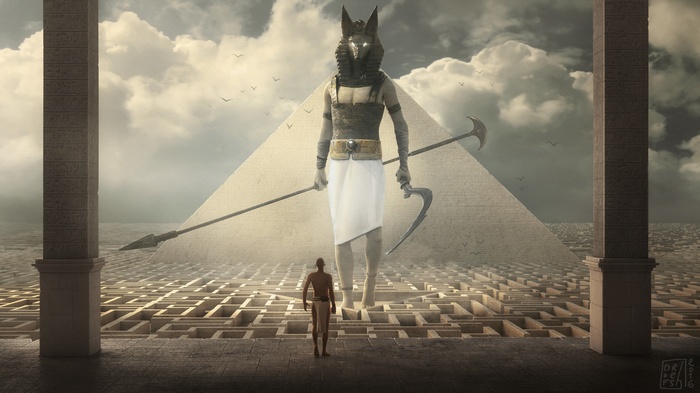 illustration, fantasy art, artwork, Egypt, DOFRESH, pyramid, warrior, Anubis