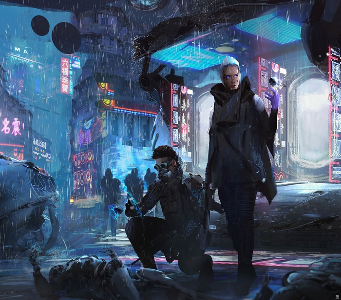 Cyberpunk characters in rainy neon city
